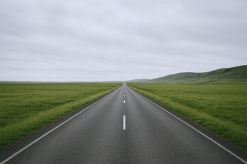 Obraz premium Scenic Straight Road Through Green Fields Under a Cloudy Sky, Perfect for Travel and Adventure Concepts