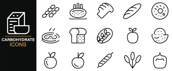 Thin line illustration pack of carbohydrate items such as bread, pasta, and rice