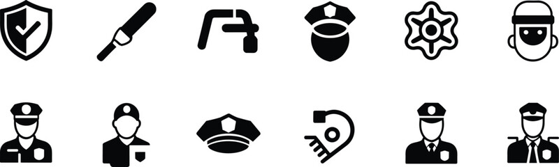 Law enforcement icon set, black and white police symbols, security gear, surveillance, fingerprint, badge, officer profiles, crime prevention, stylized graphic