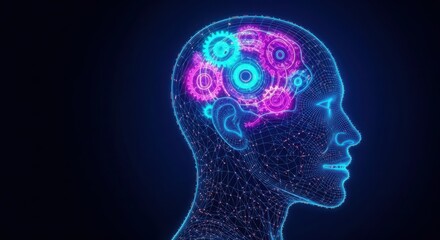 Obraz premium Futuristic digital brain with glowing gears and circuits