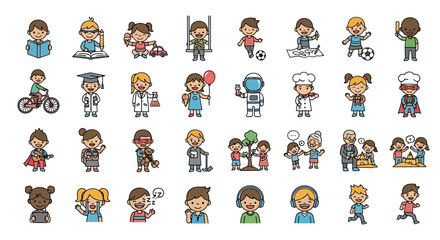 Obraz premium Flat lay illustration of diverse children engaged in various activities, showcasing a cheerful and playful mood against a white background.