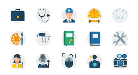 Flat lay image of diverse professional icons representing various occupations, showcasing a bright and colorful design against a white background.