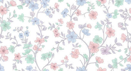 Pastel floral seamless pattern with delicate flowers and branches on white background, illustrated in a soft, romantic style.