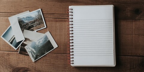 Inspiration Concept: Open Notebook and Travel Photos on Wooden Table Background, Perfect for Travel Blogs and Tourism Promotion