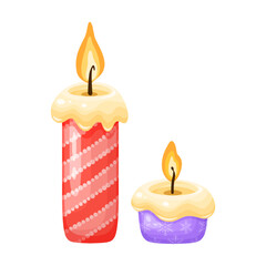 Two festive candles with glowing flames. perfect for holiday and winter designs.