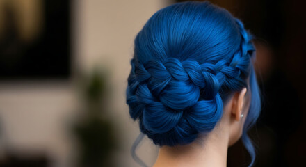 Elegant braided bun hairstyle with vibrant blue hair.