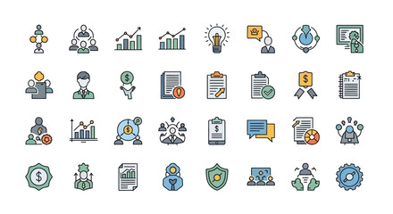 Flat lay image of diverse business icons depicting growth, teamwork, and strategy, showcasing a vibrant color palette against a white background.