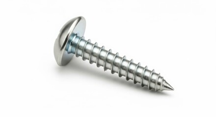 Close up of a single silver metal wood screw on a white background