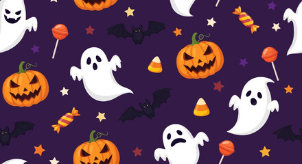 Fototapeta premium Flat lay Halloween pattern featuring carved pumpkins, ghosts, bats, candy corn, and lollipops on a dark purple background; playful, spooky design.