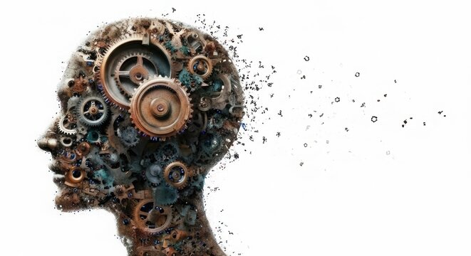 Mechanical head exploding into digital particles on white background