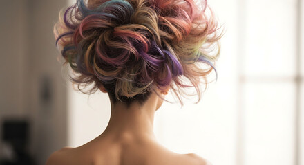 A woman's back is shown as her colorful, rainbow-dyed hair is styled in a voluminous updo.