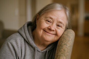 Portrait of Happy Mature Woman with Down Syndrome Smiling and Relaxing at Home