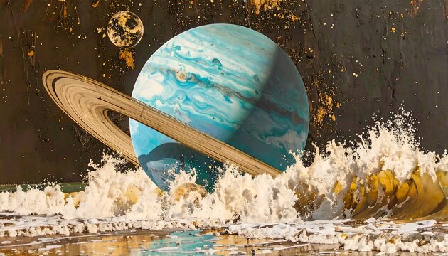 Cosmic ringed planet, waves crash, space, surreal