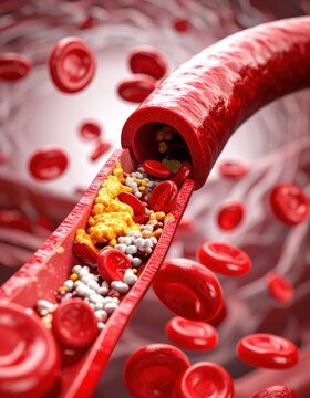 Detailed close-up of a blood vessel with plaque buildup and red blood cells