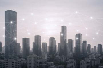 Modern Cityscape with Digital Network Overlay: Connecting Urban Infrastructure and Future Technologies in a Metropolitan Area