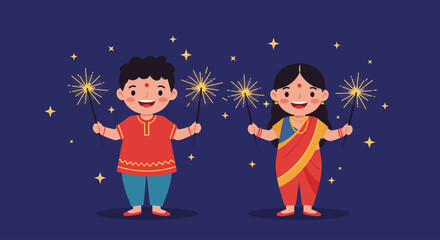 A cheerful flat design illustration showing two children safely enjoying the festive glow of sparklers during Diwali celebrations. This vector image conveys the joy and excitement of the festival.
