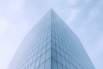 Modern Glass Skyscraper Towering into a Pale Blue Sky, Emphasizing Architectural Design and Urban Landscape