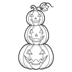 Three stacked pumpkins carved with faces in black and white