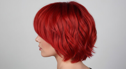 A woman with a vibrant, fiery red, layered bob haircut styled with loose waves, shown in profile against a neutral gray background.