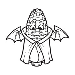 Cartoon corn cob vampire with wings in black and white