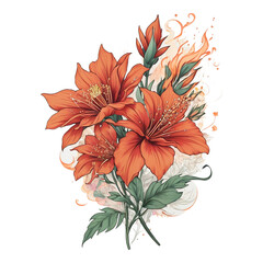 Vibrant orange hibiscus flowers with green leaves and abstract flame elements floral bouquet