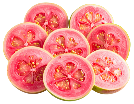 Group of Pink Guava Slices Arranged in a Semi-Circle, Side Composition, Isolated