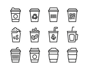 Collection of twelve beverage container icons with various designs coffee