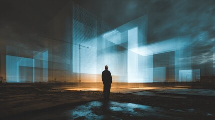 Fototapeta premium Man standing alone contemplates futuristic cityscape, illuminated with digital light projections against a dramatic sky