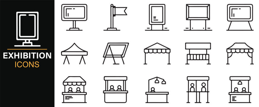 Creative line art icon pack of trade fair, expo stands, and advertising displays
