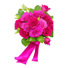 Vibrant pink and fuchsia roses bouquet with bright pink ribbon on white background flowers