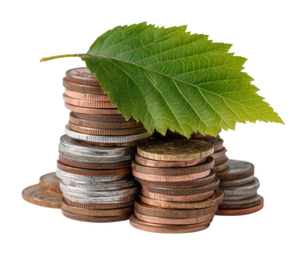 Stacked coins with green leaf business concept isolated on transparent background