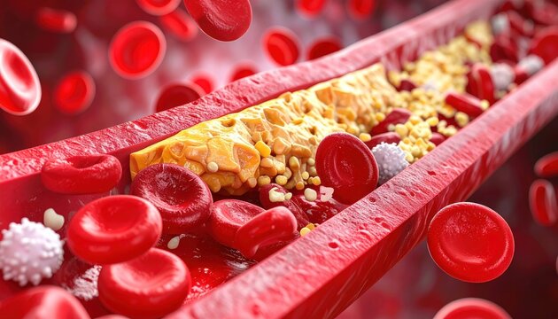 Detailed cross-section of a blood vessel with plaque buildup, showing red blood cells and other components
