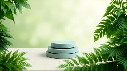 Natural cosmetic product display podium surrounded by lush green ferns