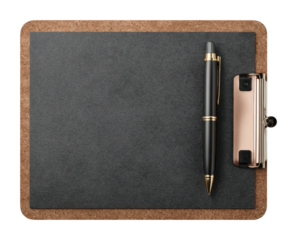 Creative workspace setup office clip board and pen minimalist design isolated on transparent background