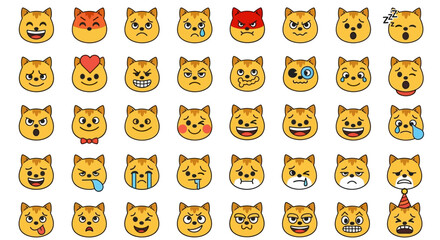 Flat lay of thirty-six diverse cat emoji icons displaying a range of emotions, against a white background in a cheerful, playful style.