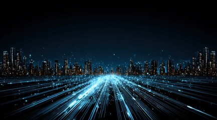 Abstract Digital Cityscape with Data Streams and Futuristic Connections, Representing High-Speed Technology