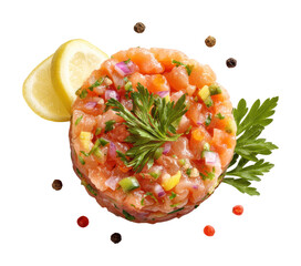 Fresh salmon tartare preparation kitchen food bright isolated on transparent background