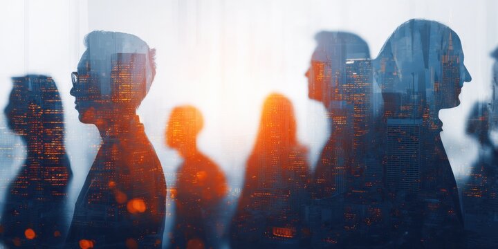 Silhouetted Professionals with Cityscape Overlay: Visionary Business Team Achieving Urban Success Together