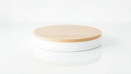 Minimalist white bowl with natural wood lid on a white background