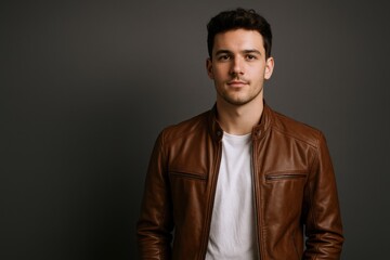 Obraz premium Portrait of a Stylish Young Man in Leather Jacket, Posing Confidently Against a Neutral Background