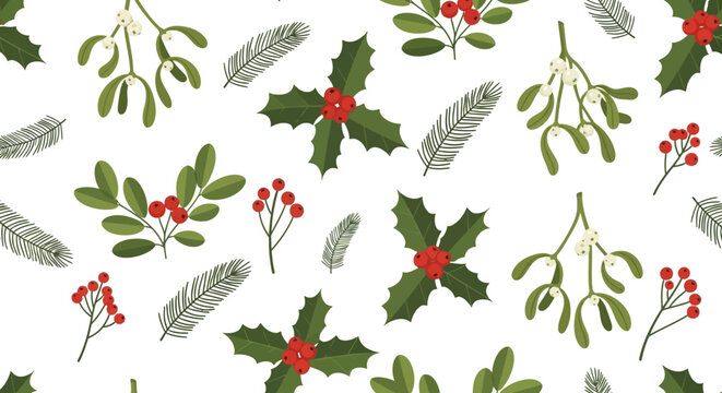 Christmas seamless pattern featuring holly berries, mistletoe, and feathers against a white background; flat lay style with a festive red and green color scheme.
