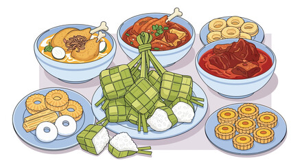 Flat lay illustration of assorted Eid dishes: ketupat, rendang, kuih, and other Malay delicacies, against a white background, vibrant colors, festive mood.