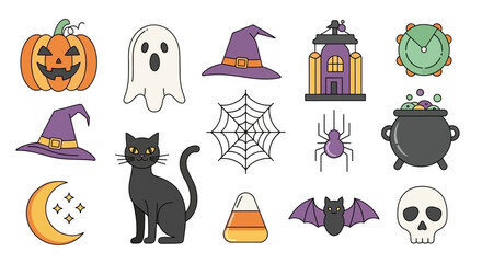 Flat lay of various Halloween icons including a pumpkin, ghost, witch hat, black cat, spiderweb, and cauldron against a white background, with a playful and colorful