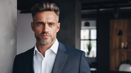 Confident Mature Businessman Posing in Modern Office Setting, Demonstrating Leadership and Professionalism in Corporate Environment