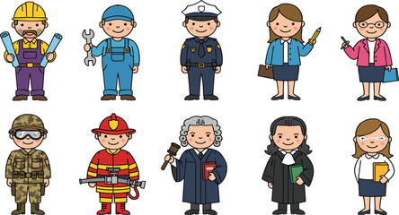 Cartoon illustrations of various professions, including doctor, engineer, police officer, teacher, firefighter, lawyer, judge, and soldier, for educational use.