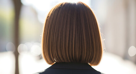 Back view of a woman with a short brown bob hairstyle outdoors.