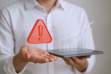 Businessperson Presenting Financial Risk and Warning Signs with Rising Graph on a Tablet Device