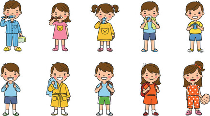 Daily morning routine of cute cartoon kids brushing teeth, washing face, drinking water, getting dressed, ready for school, healthy habits illustration