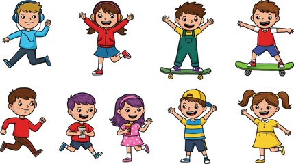 Happy kids cartoon set, children playing, listening music, eating snacks, skateboarding, running, colorful outfits, isolated on white background illustration