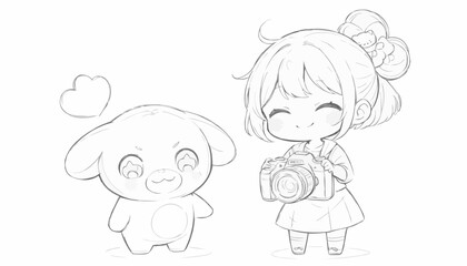 Obraz premium Cute photographer girl character happily taking pictures with her adorable sheep plush toy,